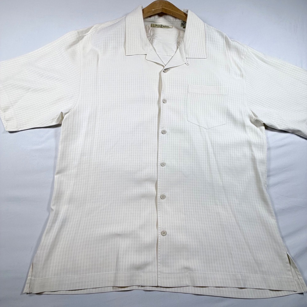 Tommy Bahama Silk‎ Camp Shirt XL Cream Embroidered Palm Tree Hawaiian